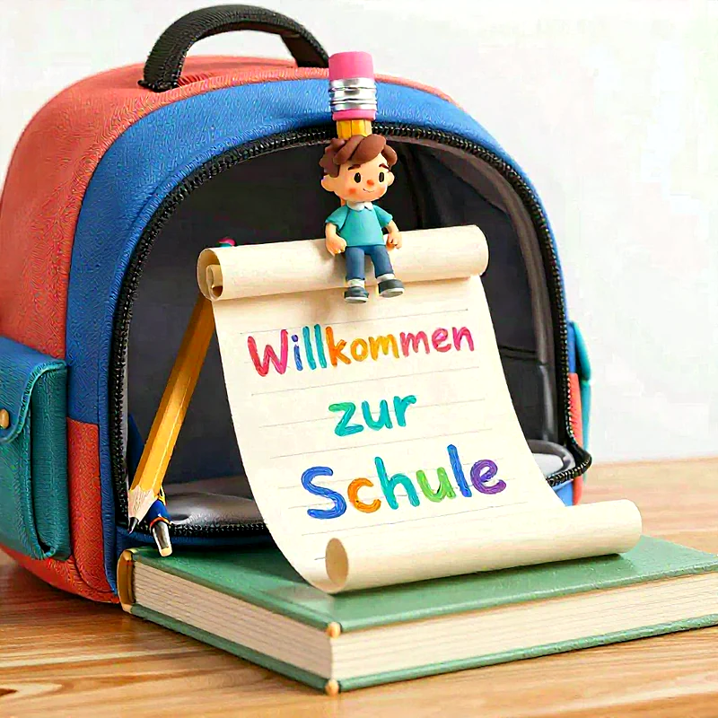 Ein bunter Mini-Schulrucksack steht auf einem Buch. Aus seiner Öffnung rollt ein beschriftetes Blatt Papier. Eine kleine Jungenfigur mit Bleistift als Hut sitzt darauf. Ein gelber Bleistift lehnt am Rucksack.