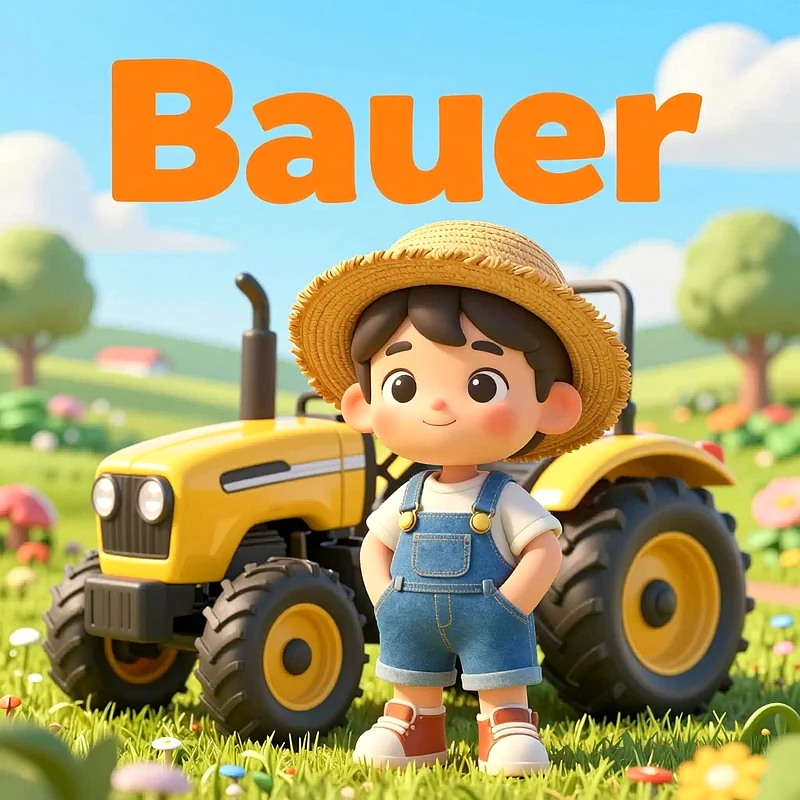 Ein niedlicher Cartoon-Junge mit Strohhut und blauer Latzhose steht selbstbewusst vor einem gelben Spielzeug-Traktor. Die Szene spielt auf einer sonnigen grünen Wiese mit kleinen Blumen. Im Hintergrund sind Bäume und ein rotes Bauernhaus zu erkennen.