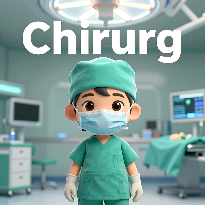 Ein charmanter Cartoon-Junge, bekleidet als Chirurg mit hellblauem Mundschutz und Kappe, steht im Zentrum eines modernen Operationssaals. Im Hintergrund sind medizinische Geräte und eine große Operationslampe sichtbar. Der Junge hat große, braune Augen und helle Haut.