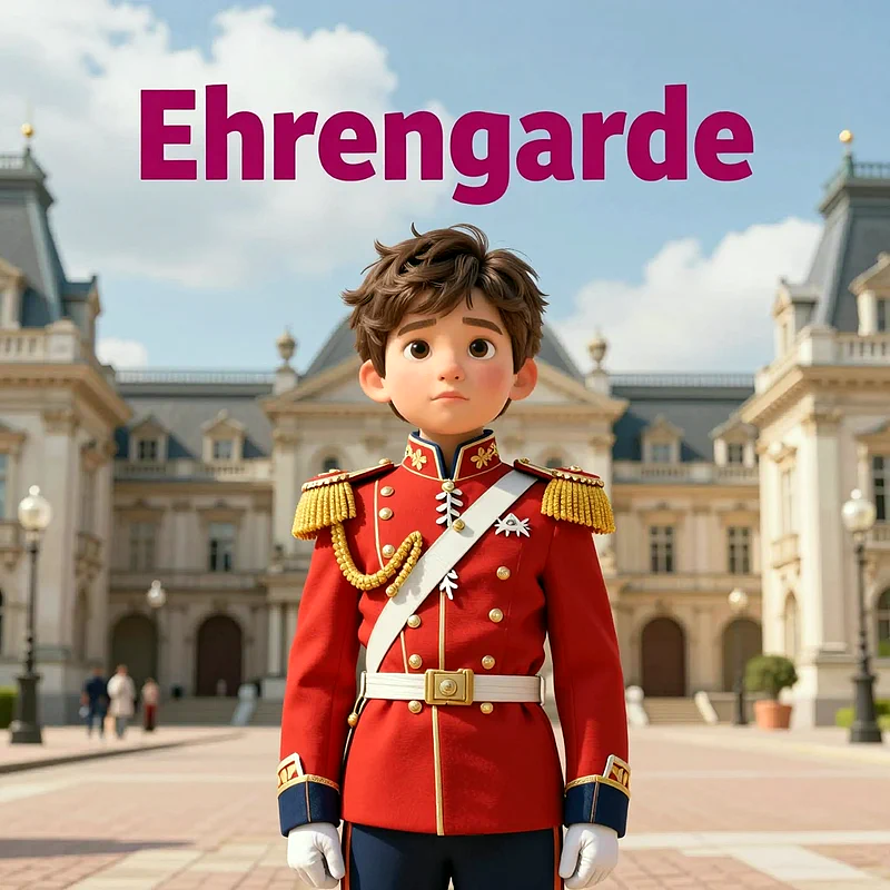 Ein junger Junge mit braunen Haaren steht ernst in einer roten, goldverzierten Ehrengardenuniform, mit weißem Gürtel und Handschuhen, vor einem imposanten, hellen Palastgebäude unter blauem Himmel.