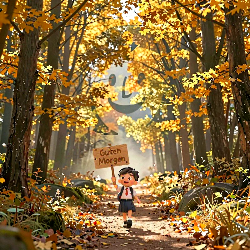 Ein niedlicher Schüler mit Rucksack läuft einen herbstlichen Waldweg. Er trägt ein Schild mit 'Guten Morgen'. Goldene Blätter säumen den Pfad, Sonnenstrahlen durchbrechen das Blätterdach, und ein lächelndes Gesicht erscheint im Hintergrund.