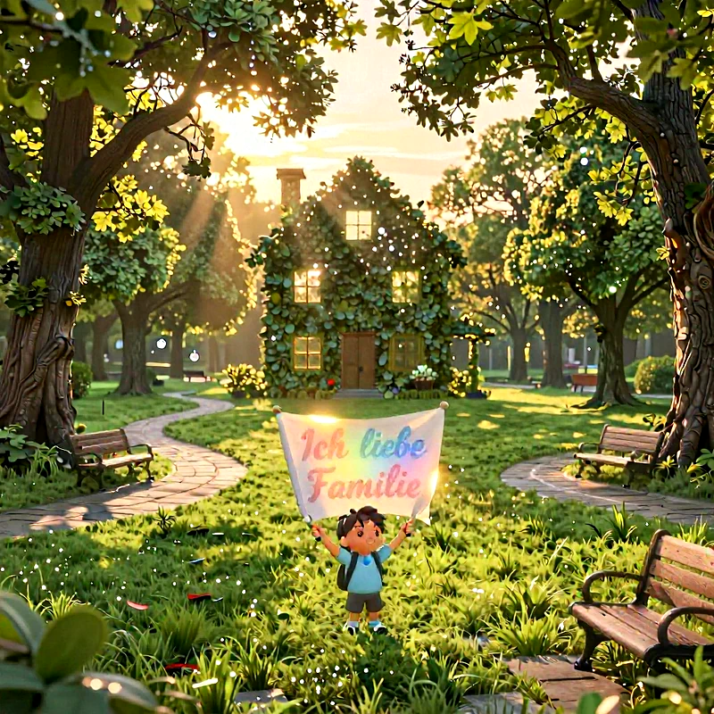 Ein fröhliches Cartoon-Kind mit Rucksack steht auf sonniger Wiese und hält ein weißes Banner mit dem Schriftzug "Ich liebe Familie" hoch. Im Hintergrund ist ein grünes, blätterbedecktes Haus umgeben von Bäumen.