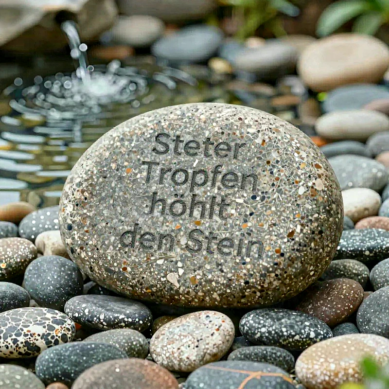 Ein runder, gesprenkelter Stein mit der Gravur "Steter Tropfen höhlt den Stein" liegt inmitten kleinerer Kieselsteine. Im Hintergrund ist ein leicht sprudelndes Wasserspiel zu sehen.