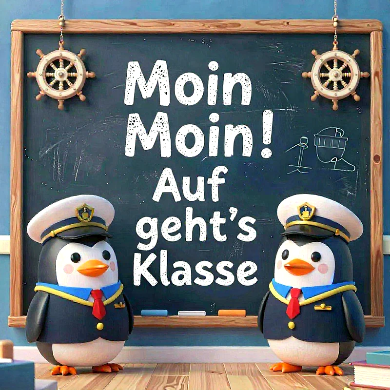 Zwei niedliche Pinguine, als Kapitäne gekleidet, stehen vor einer grünen Schultafel. Die Tafel zeigt in Kreideschrift 'Moin Moin! Auf geht's Klasse' und ist mit nautischen Steuerrädern sowie einer Skizze verziert.