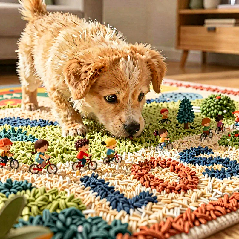 Ein flauschiger, hellbrauner Welpe mit feuchtem Fell schnüffelt neugierig an einem farbenfrohen Teppich. Der Teppich zeigt eine Miniaturlandschaft mit vielen kleinen Kindern auf Fahrrädern und grünen Bäumen.