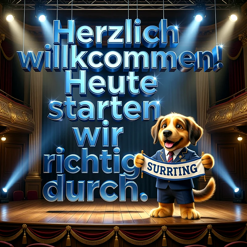 Ein lachender Cartoon-Hund im Anzug steht auf einer hell beleuchteten Theaterbühne. Er hält ein Banner. Darüber schwebt große, blau leuchtende 3D-Schrift: Herzlich willkommen! Heute starten wir richtig durch.