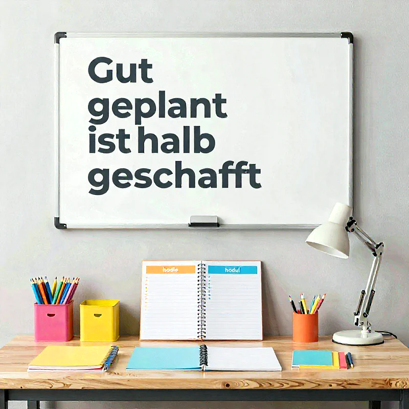 Ein Schreibtisch mit Tafel, auf der "Gut geplant ist halb geschafft" steht. Bunte Stifte, Notizbücher und eine Lampe gestalten die Szene. Alles ist sauber und bereit für den Lernbeginn, motivierend für den Schulstart.