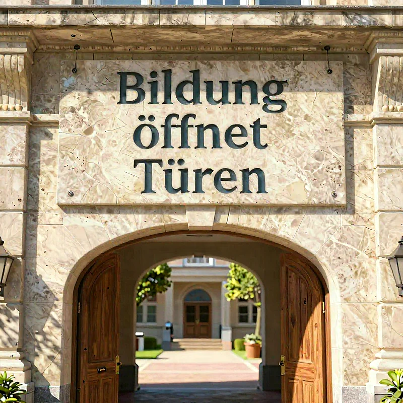 Ein großes, elegantes Tor aus hellem Marmor mit weiten, offenen Holztüren. Darüber steht in großen Lettern 'Bildung öffnet Türen'. Im Hintergrund ist ein sonniger Hof mit einem weiteren Gebäude zu sehen. Die Szene wirkt einladend und symbolisch.