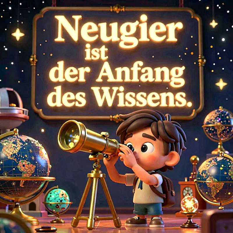 Ein entzückender, animierter Junge mit Rucksack schaut durch ein goldenes Teleskop. Er ist umgeben von leuchtenden Himmelsgloben und funkelnden Sternen auf einem dunkelblauen Hintergrund. Ein hell erleuchtetes Schild mit dem Zitat prangt oben.