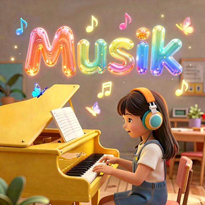 Ein Cartoon-Mädchen mit Kopfhörern spielt an einem gelben Flügel. Über ihr schweben bunte Ballonbuchstaben "MUSIK", Noten und Schmetterlinge. Eine inspirierende Szene, die Freude am Lernen zeigt.