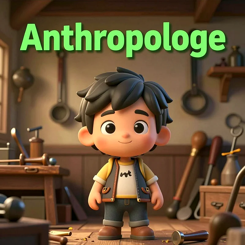 Ein lächelnder, junger Cartoon-Junge mit dunklen Haaren, gelbem Shirt und Jeansjacke steht in einem hellbraunen Holzraum. Über ihm schwebt in großen grünen Buchstaben das Wort "Anthropologe". Der Hintergrund zeigt antike Werkzeuge und eine alte Werkbank.