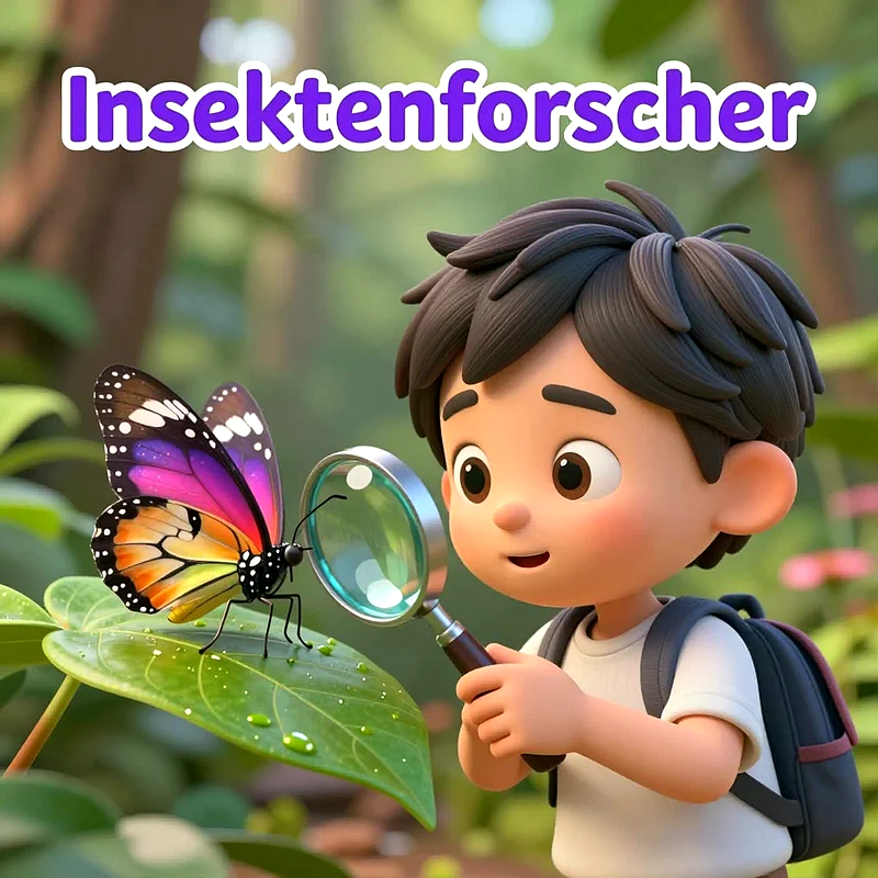 Ein charmantes Cartoon-Kind mit Rucksack betrachtet einen leuchtend bunten Schmetterling auf einem Blatt durch eine Lupe. Die Szene spielt in einem grünen Wald, was Neugier und Entdeckerfreude hervorhebt.