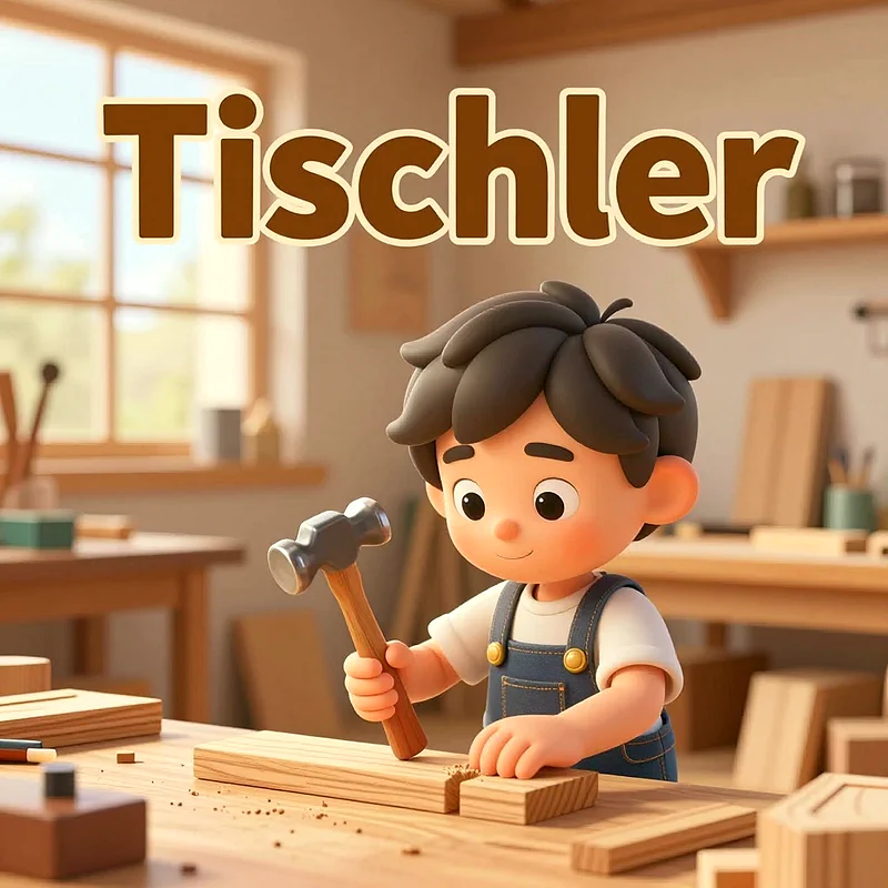 Ein süßer Cartoon-Junge in Latzhose hämmert eifrig auf ein Holzstück in einer sonnigen Holzwerkstatt. Das Kind lernt spielerisch den Beruf des Tischlers, umgeben von Werkzeugen und Holz. Der Schriftzug 'Tischler' schwebt oben.