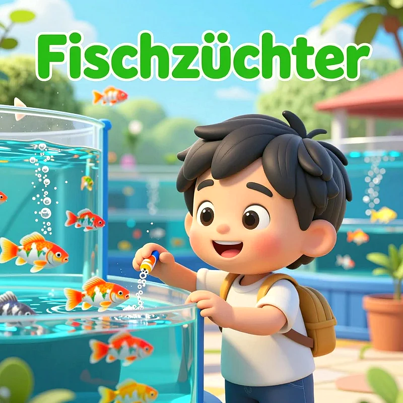 Ein lächelnder kleiner Zeichentrickjunge mit dunklen Haaren und gelbem Rucksack füttert bunte Fische in einem hellblauen Aquarium im Freien. Er hält eine kleine Futterdose in der Hand und beobachtet die schwimmenden Goldfische. Dahinter sind weitere Aquarien und grüne Pflanzen zu sehen.