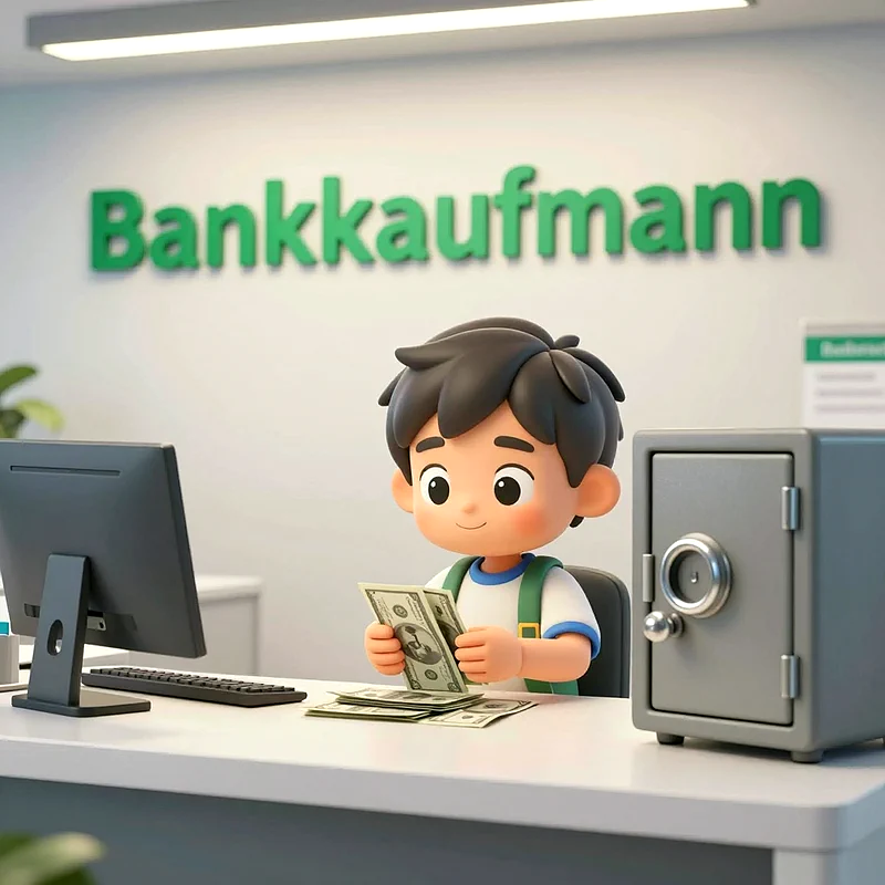 Ein fröhlicher, cartoonartiger Junge sitzt an einem Bankschalter und zählt Geldscheine. Im Hintergrund ist in grünen 3D-Buchstaben 'Bankkaufmann' an der Wand zu sehen. Rechts steht ein kleiner Tresor.
