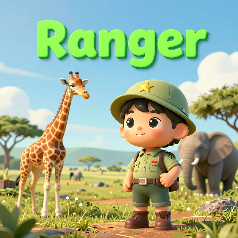 Ein lächelndes Cartoon-Kind in Ranger-Uniform steht auf einem Safari-Pfad. Im Hintergrund sind eine große Giraffe und ein Elefant zu sehen, umgeben von grüner Graslandschaft unter blauem Himmel.