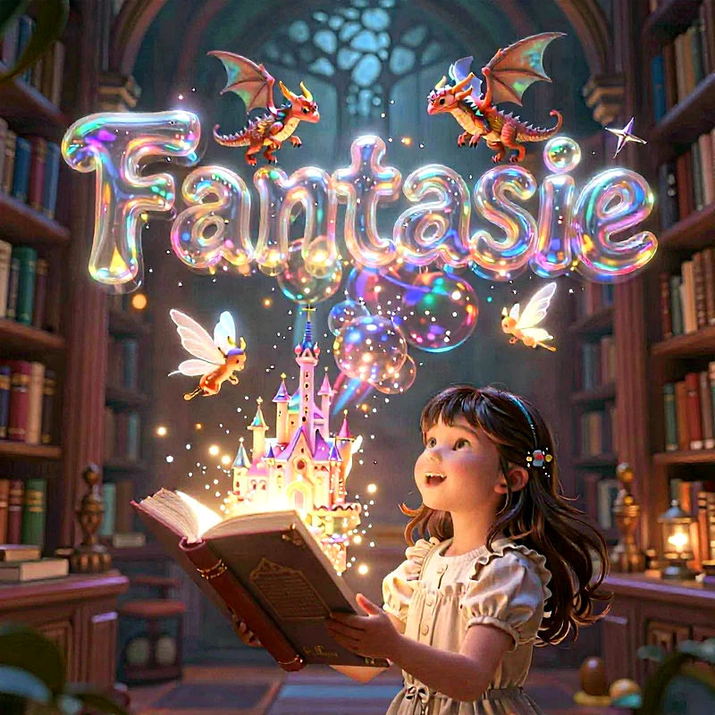 Ein kleines Mädchen mit braunen Haaren liest ein leuchtendes Märchenbuch in einer Bibliothek. Über ihr schweben bunte Blasenbuchstaben "Fantasie" mit kleinen Drachen und Feen. Ein magisches Schloss erscheint aus dem Buch.