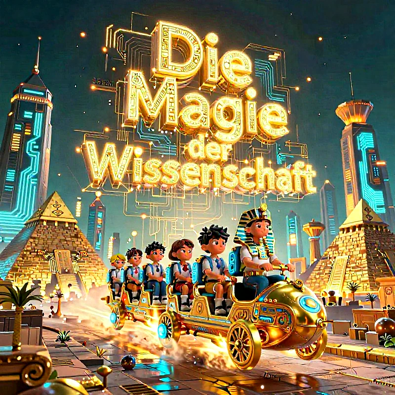 Eine futuristische Szene mit fünf Kindern in Schuluniformen, die in einem goldenen, antiken Wagen von einer ägyptisch anmutenden Figur gefahren werden. Im Hintergrund stehen Pyramiden und moderne Hochhäuser mit leuchtenden Schaltkreisen. Über allem schwebt der goldene Schriftzug „Die Magie der Wissenschaft“.