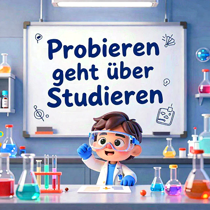 Ein fröhliches Cartoon-Kind in Laborkittel und Schutzbrille lächelt vor einem Whiteboard. Darauf steht 'Probieren geht über Studieren' in großen blauen Buchstaben. Bunte Reagenzgläser und Kolben füllen den hellen Laborhintergrund, ideal für junge Entdecker.