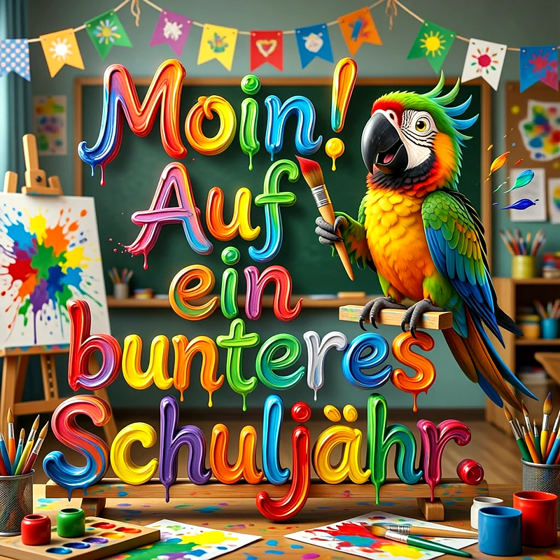 Ein lebhafter Papagei mit Pinsel in der Kralle sitzt vor einer Schultafel in einem farbenfrohen Klassenzimmer. Bunte 3D-Buchstaben bilden den Spruch "Moin! Auf ein bunteres Schuljahr". Viele Farben und Kunstzubehör schmücken den Tisch und den Hintergrund, inklusive einer Wimpelkette.