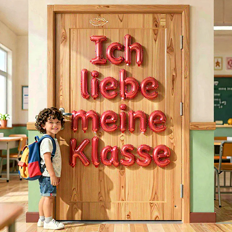 Frohes Schulkind mit lockigem Haarschopf und buntem Schulrucksack steht strahlend vorm Holztür, an der rote Folienballons die Worte Ich liebe meine Klasse bilden, während Sonnenlicht aus dem Fenster fällt
