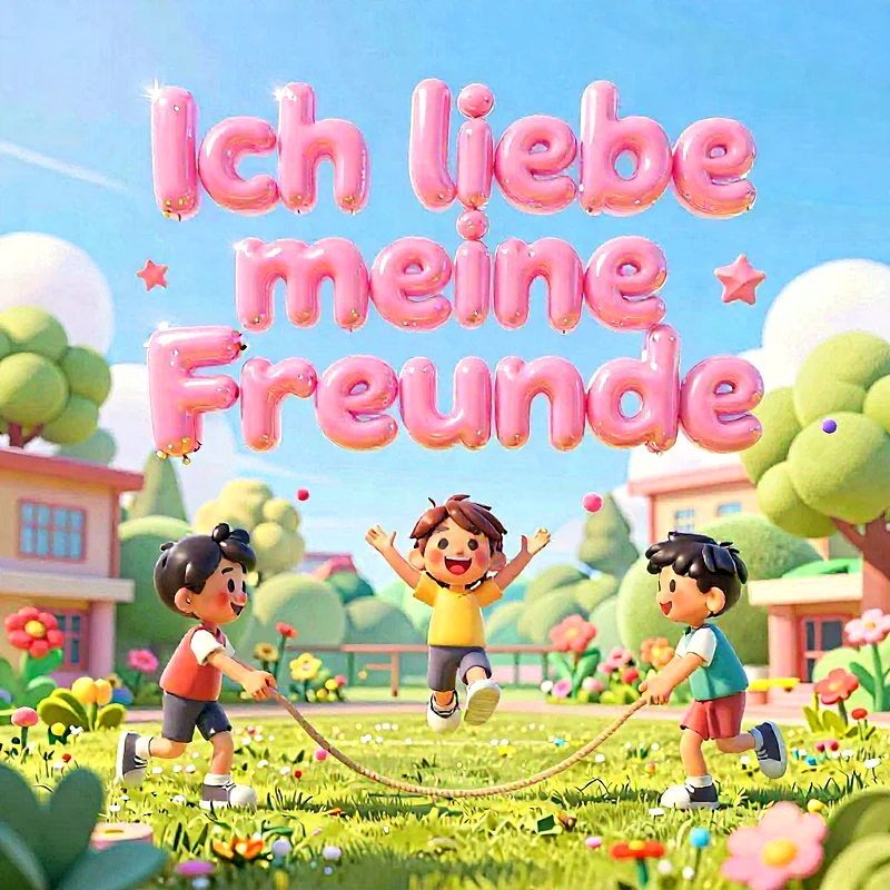 Drei fröhliche Zeichentrickkinder spielen Seilspringen auf einer grünen Wiese. Rosa Ballonbuchstaben formen 'Ich liebe meine Freunde' am Himmel. Eine helle, idyllische Landschaft mit Häusern und Bäumen schmückt den Hintergrund.