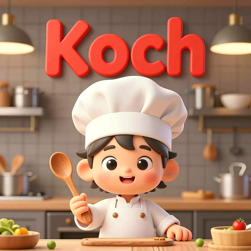Ein lächelnder, junger Cartoon-Junge in Kochmütze und weißer Kochschürze, der einen Holzlöffel hält. Er steht in einer modernen Küche mit Utensilien und frischem Gemüse. Der Hintergrund zeigt eine graue Fliesenwand und helle Holztheken. Über ihm schwebt das rote Wort "Koch".