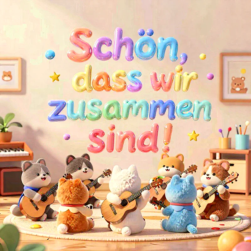Niedliche Stofftiere spielen Gitarre in einem Kreis. Bunte Ballonbuchstaben verkünden 'Schön, dass wir zusammen sind!'. Eine fröhliche und einladende Szene in einem hellen Kinderzimmer mit Spielzeug. Ideal für den Schulbeginn.