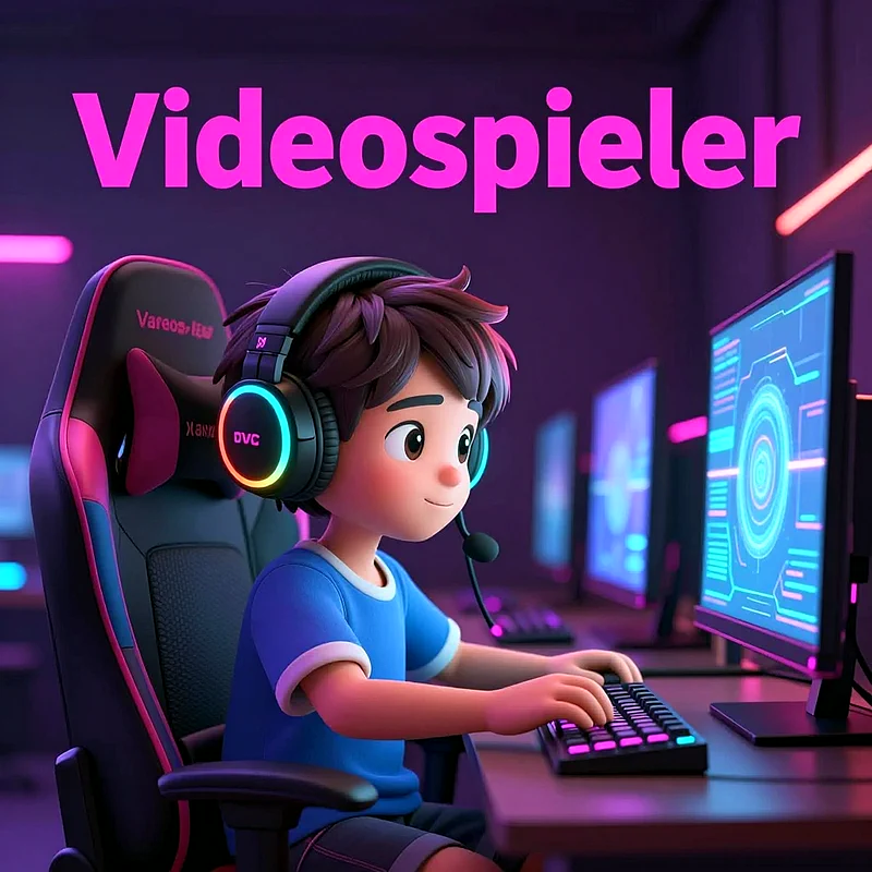 Ein lächelnder Cartoon-Junge mit braunen Haaren sitzt in einem pink-schwarzen Gaming-Stuhl. Er trägt leuchtende Kopfhörer und tippt auf einer Tastatur vor einem hellblauen Computermonitor in einem neonbeleuchteten Zimmer.