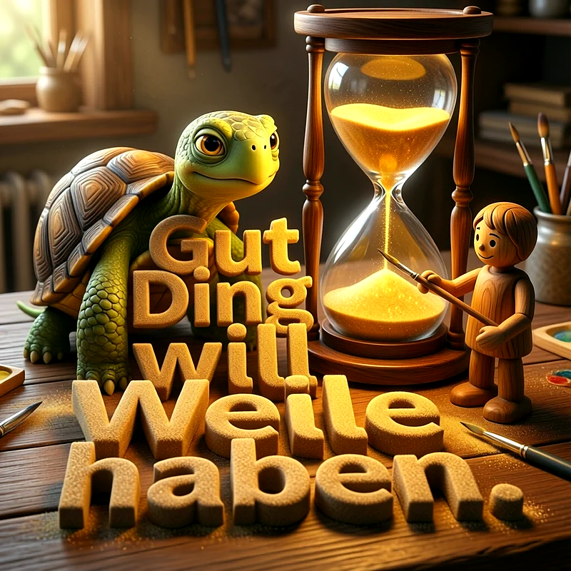 Eine freundliche, cartoonartige Schildkröte blickt neugierig neben dem Spruch "Gut Ding will Weile haben". Daneben steht eine klassische Sanduhr, die von einer kleinen Holzfigur mit einem Pinsel bemalt wird. Alles ist auf einem rustikalen Holztisch mit Künstlerbedarf arrangiert.