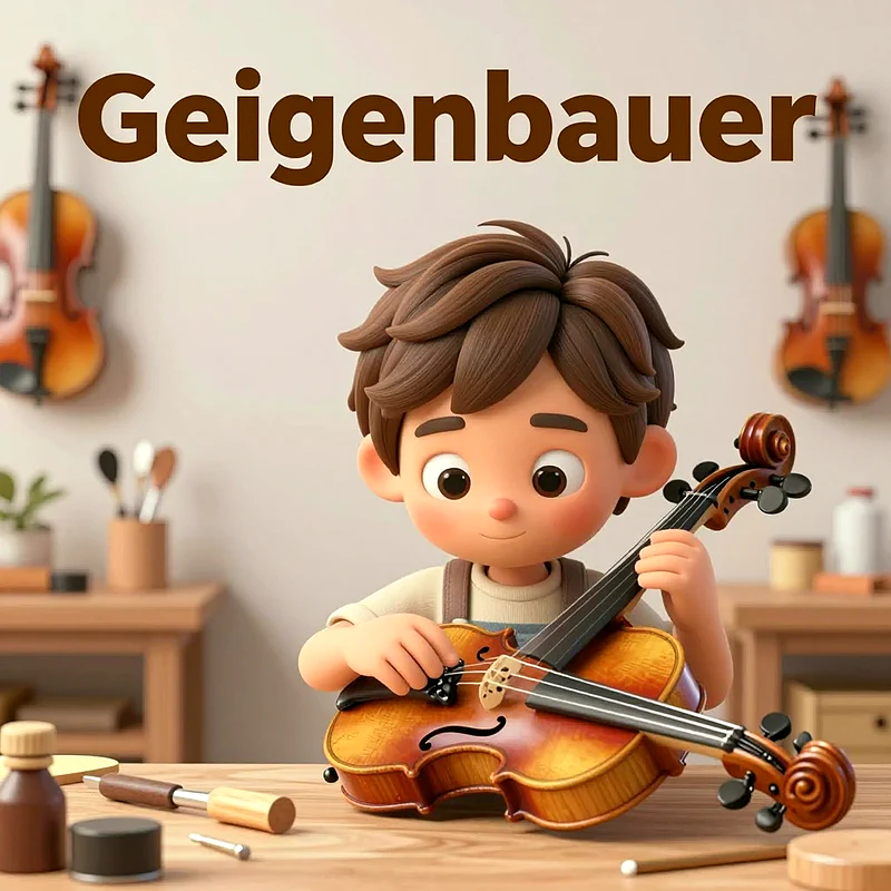 Ein niedlicher 3D-animierter Junge hält eine Geige an einer Werkbank, umgeben von Werkzeugen wie Schraubendrehern und Klebstoffflaschen. An der Wand hängen weitere Geigen, die eine warme Werkstattatmosphäre in erdigen Tönen schaffen.