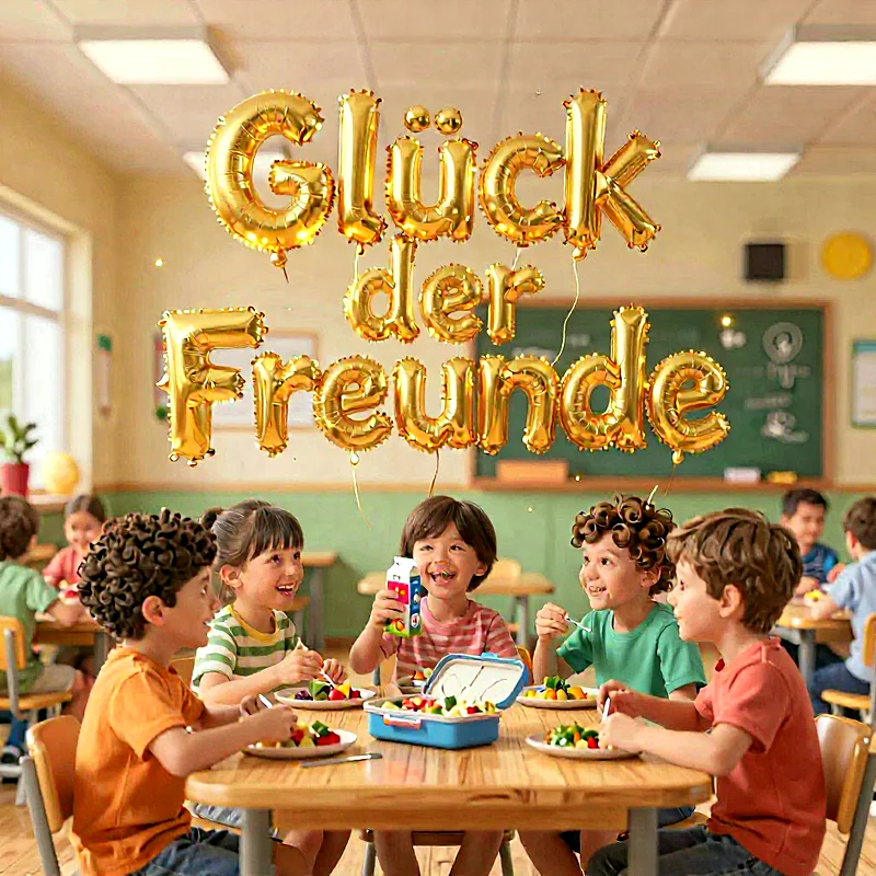 Mehrere lachende Schulkinder sitzen an einem Holztisch in einem Klassenzimmer und essen gemeinsam. Über ihnen schweben goldene Ballonbuchstaben, die 'Glück der Freunde' bilden. Ein fröhlicher Anblick zum Schulstart.