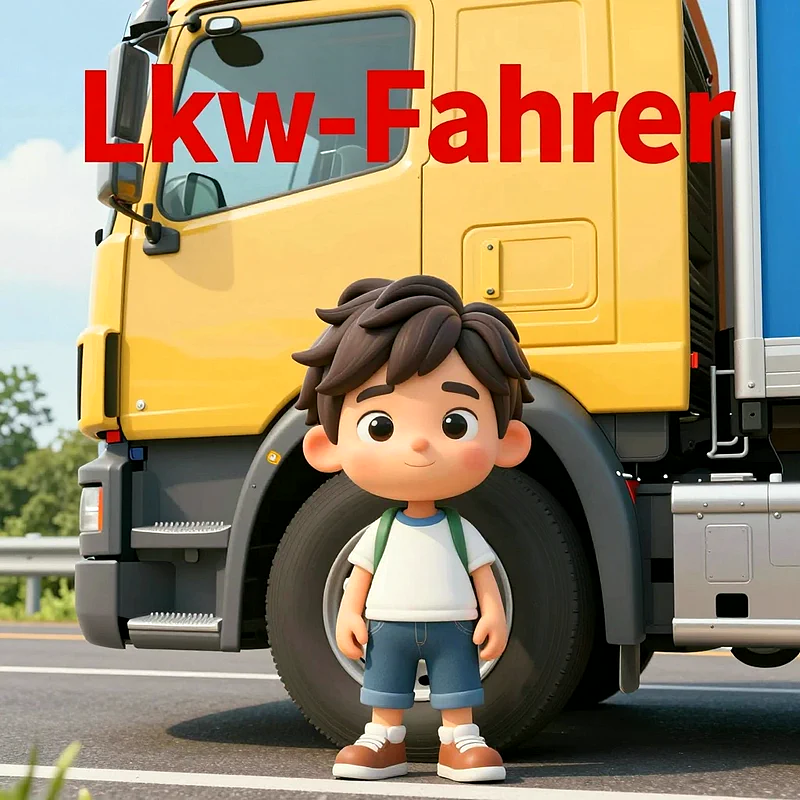 Ein fröhlicher Zeichentrickjunge mit Rucksack steht vor einem großen, gelben LKW. Er trägt ein weißes Shirt und blaue Shorts, schaut lächelnd nach vorne. Der blaue Anhänger des Lastwagens ist erkennbar.