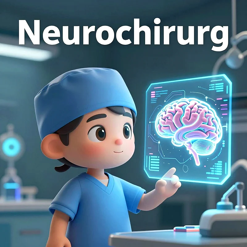 Ein lächelnder Cartoon-Junge in blauer OP-Kleidung und Kappe, der auf eine leuchtende holografische Anzeige mit einem pinken Gehirn zeigt. Er stellt einen Neurochirurgen dar, umgeben von verschwommenen medizinischen Geräten. Süß und inspirierend.