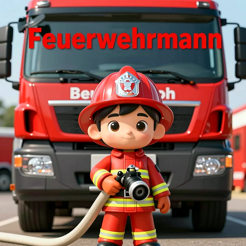 Niedlicher Cartoon-Junge in roter Feuerwehrmannuniform mit Helm und Schlauchdüse. Im Hintergrund steht ein großer, roter Feuerwehrtruck. Text: Feuerwehrmann.
