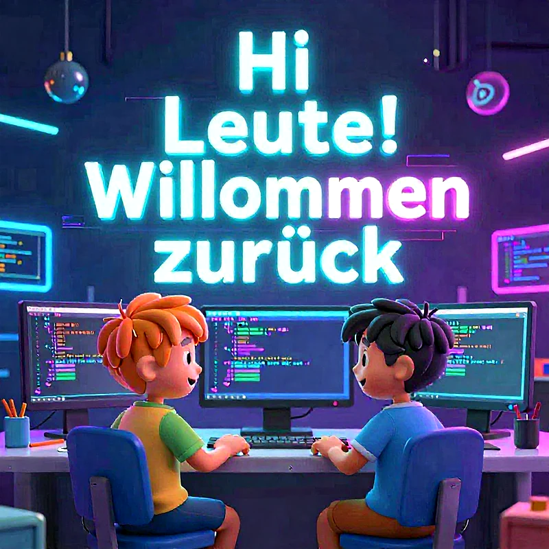 Zwei fröhliche Cartoon-Kinder sitzen vor strahlenden Computermonitoren, die Programmcode zeigen. Über ihnen strahlt ein großes Neon-Schild mit der Aufschrift „Hi Leute! Willkommen zurück“. Die Szene vermittelt einen digitalen Lernstart.