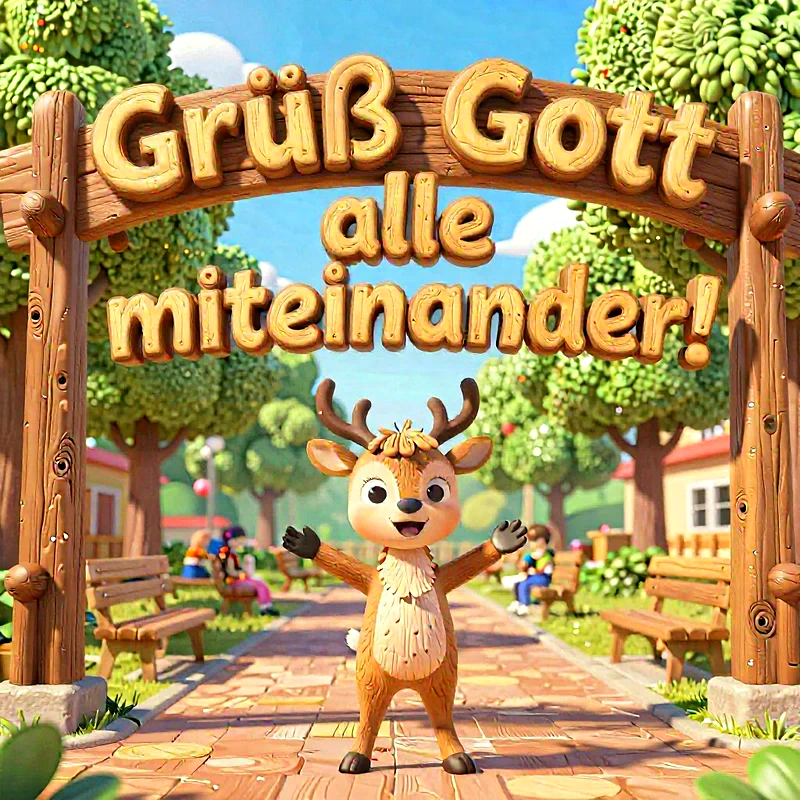 Ein niedliches Hirschkalb im Cartoon-Stil mit kleinen Geweihen lächelt vor einem Holztorbogen mit "Grüß Gott alle miteinander!" in 3D-Buchstaben. Die sonnige Szene zeigt Bänke, Bäume und Kinder im Hintergrund.