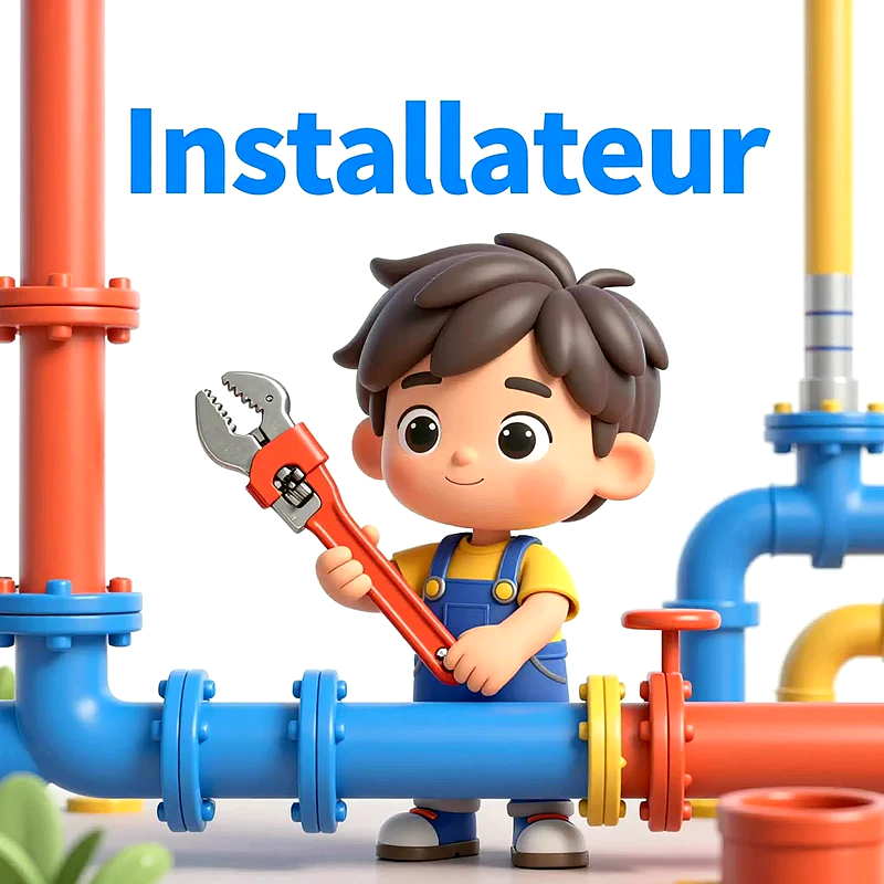 Ein lächelnder 3D-Cartoon-Junge mit braunen Haaren in gelber Latzhose hält einen roten Schraubenschlüssel. Er steht zwischen farbigen Rohren (rot, blau, gelb) mit Verbindungsstücken auf weißem Hintergrund.