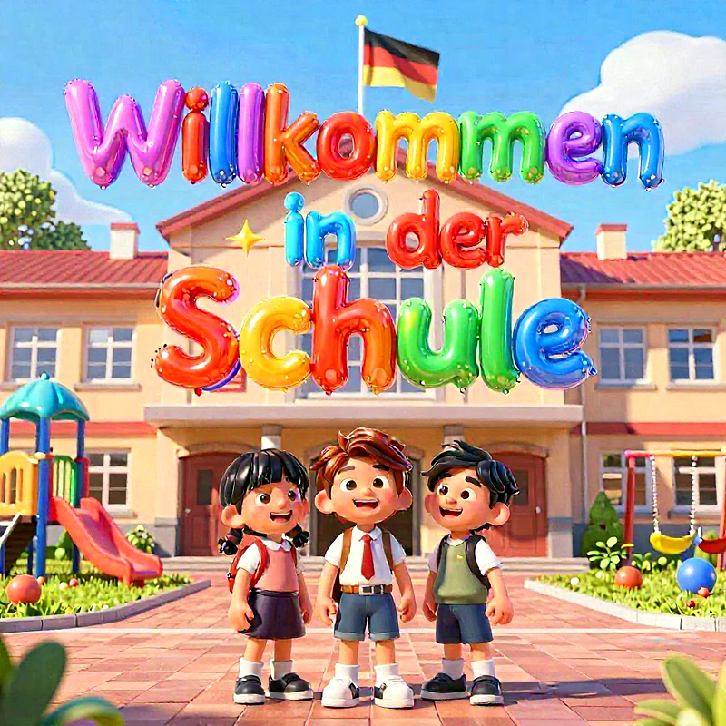 Drei fröhliche Cartoon-Kinder mit Rucksäcken stehen strahlend vor einem großen, beigefarbenen Schulgebäude. Bunte Ballonbuchstaben schweben darüber und formen 'Willkommen in der Schule', während eine deutsche Flagge auf dem Dach weht.