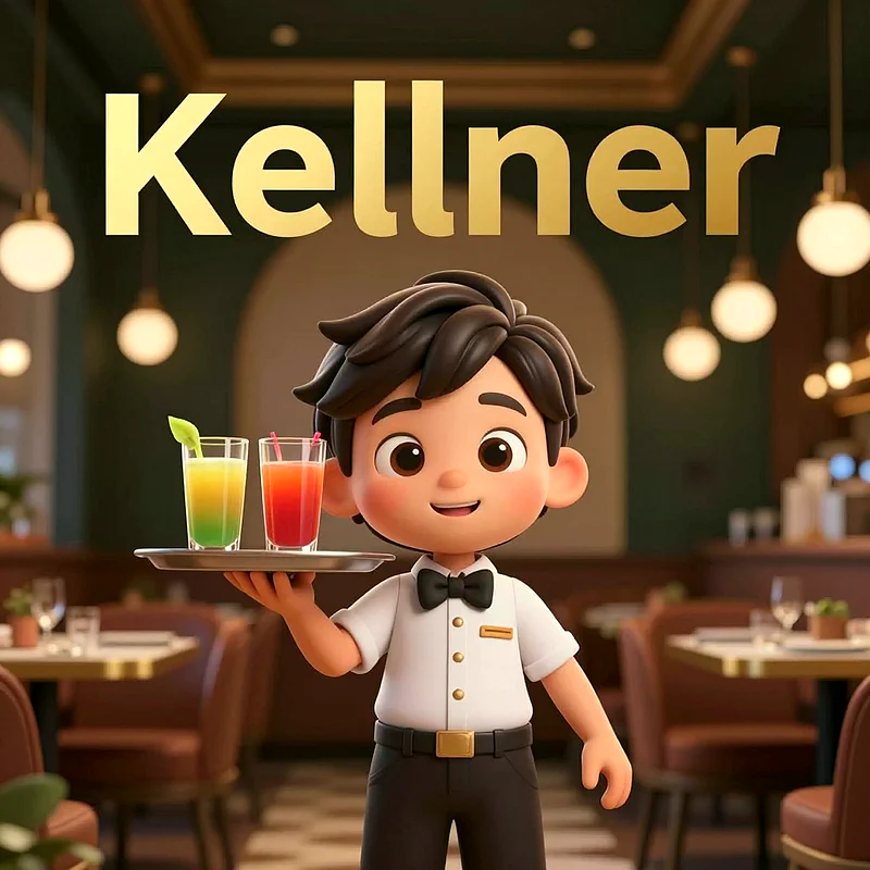 Ein lächelnder, animierter Junge als Kellner im Cartoon-Stil, der ein Tablett mit zwei bunten Getränken in einem schicken Restaurant serviert. Goldene Schrift "Kellner" über ihm.