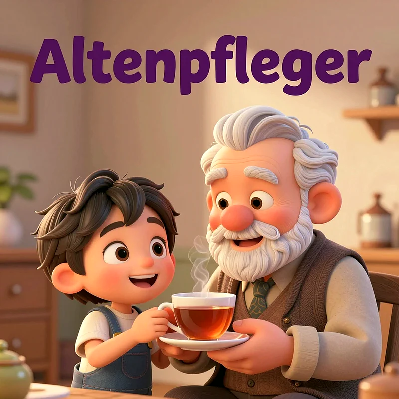 Ein charmanter Cartoon zeigt einen lächelnden, bärtigen alten Mann, der eine dampfende Tasse Tee mit einem fröhlichen Jungen teilt. Beide blicken sich an, während über ihnen der Text 'Altenpfleger' in Lila schwebt. Eine herzliche Szene.