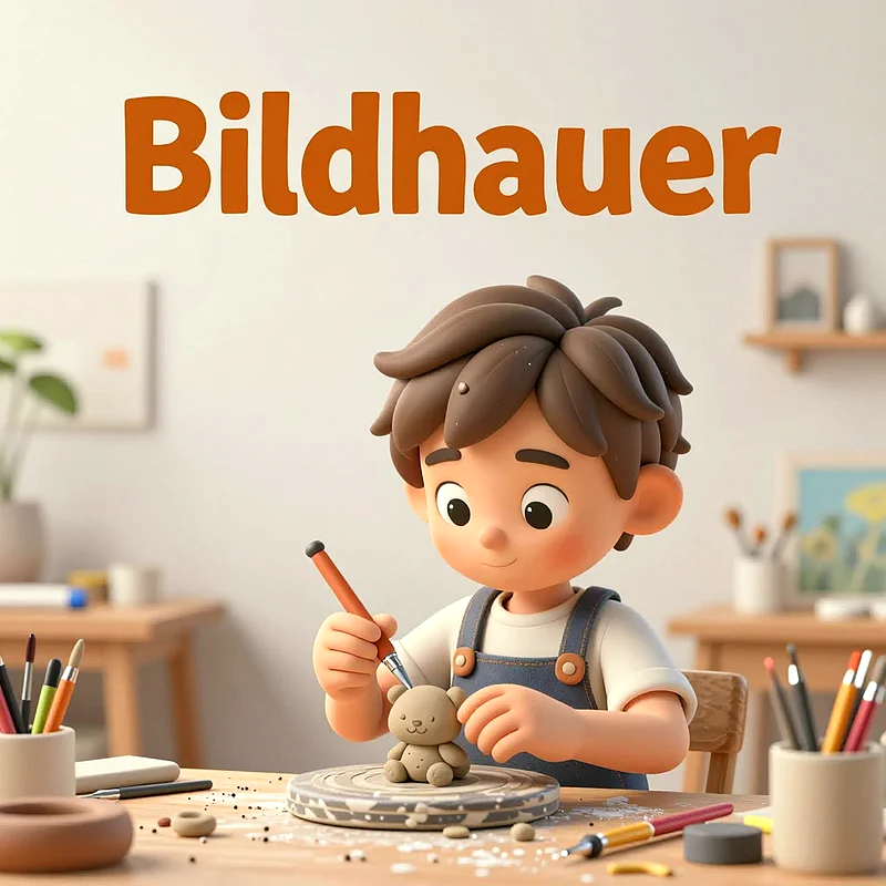 Ein 3D-animierter Junge mit braunen Haaren und Latzhose formt aus Ton eine kleine Bärenfigur auf einer Drehscheibe. Er benutzt ein feines Werkzeug. Um ihn herum liegen Bastelmaterialien und Stifte auf einem hellen Holztisch in einem freundlichen Raum.
