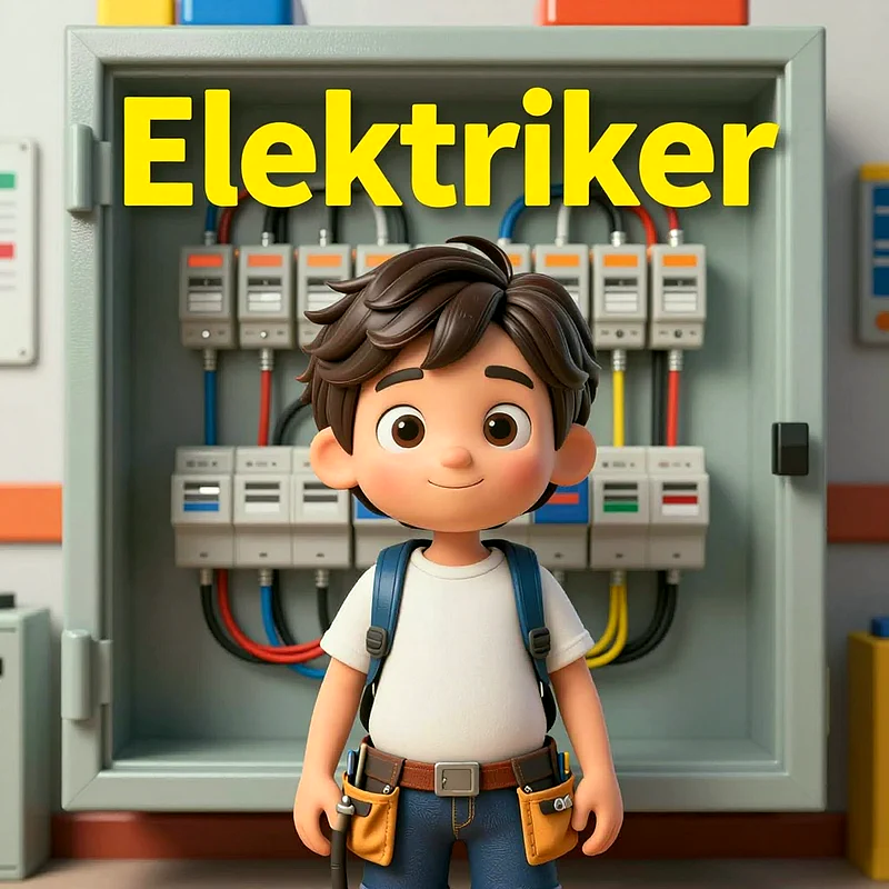 Ein lächelnder Cartoon-Junge mit braunen Haaren und blauem Rucksack steht vor einem offenen Sicherungskasten. Er trägt eine Werkzeugtasche und schaut freundlich. Oben steht das Wort "Elektriker" in leuchtendem Gelb.