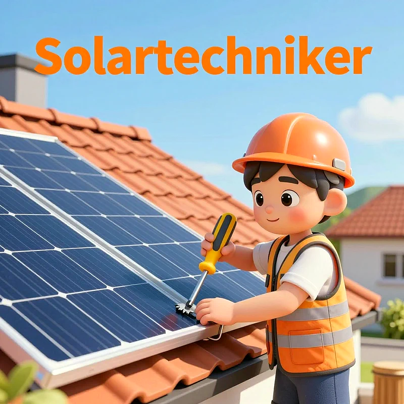 Ein lächelndes Cartoon-Kind in orangefarbener Arbeitsweste und Schutzhelm installiert Solarmodule auf einem roten Ziegeldach. Es hält einen Schraubenschlüssel und symbolisiert junge Berufswahl und Engagement für Nachhaltigkeit.
