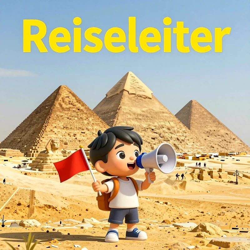 Ein niedlicher 3D-Cartoon-Junge mit Rucksack, roter Flagge und Megafon steht in einer Wüstenlandschaft vor den ägyptischen Pyramiden und der Sphinx. Der Himmel ist strahlend blau und sonnig.