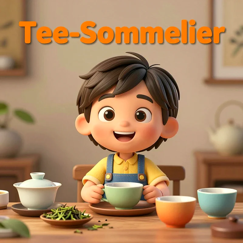 Ein glücklich lächelndes Cartoon-Kind in gelbem Shirt und blauer Latzhose sitzt an einem Holztisch. Es hält eine mintgrüne Teetasse, umgeben von weiteren bunten Teeschalen und losen Teeblättern.