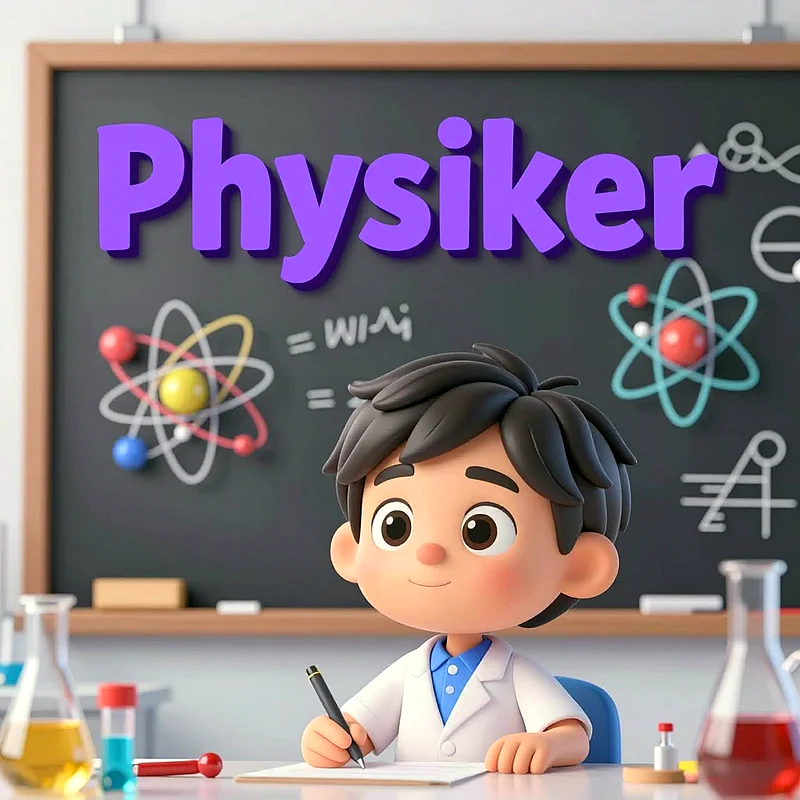 Ein süßer 3D-animierter Junge in einem weißen Laborkittel sitzt an einem Schreibtisch und schreibt. Dahinter eine schwarze Tafel mit dem Wort „Physiker“ in lila und wissenschaftlichen Skizzen. Labormaterialien mit bunten Flüssigkeiten stehen auf dem Tisch.