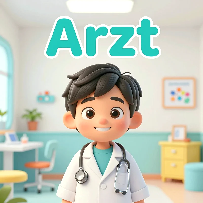 Ein lächelnder, 3D-animierter Junge mit dunklem Haar trägt einen weißen Arztkittel und ein Stethoskop. Er steht in einem hellen Untersuchungszimmer. Über ihm schwebt das Wort "Arzt" in Türkis.