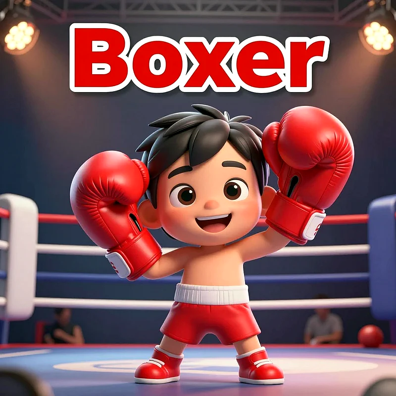 Ein lächelnder, kleiner Cartoon-Junge in roten Boxhandschuhen und Shorts steht selbstbewusst in einem Boxring. Im Hintergrund sind helle Scheinwerfer und undeutliche Zuschauer zu sehen, die eine sportliche Atmosphäre schaffen.