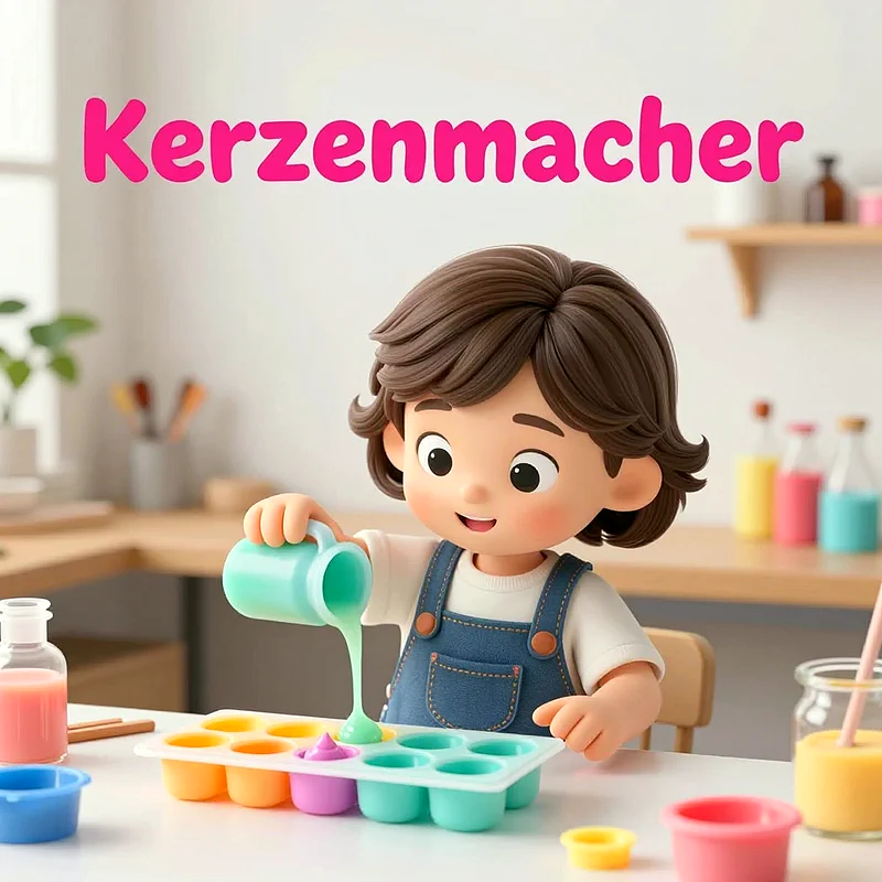 Ein animiertes Kind mit braunem Haar, in einem weißen Shirt und blauer Latzhose, lächelt und gießt grüne Flüssigkeit in eine farbenfrohe Silikonform. Im hellen Küchenhintergrund stehen weitere bunte Flaschen und Utensilien bereit.